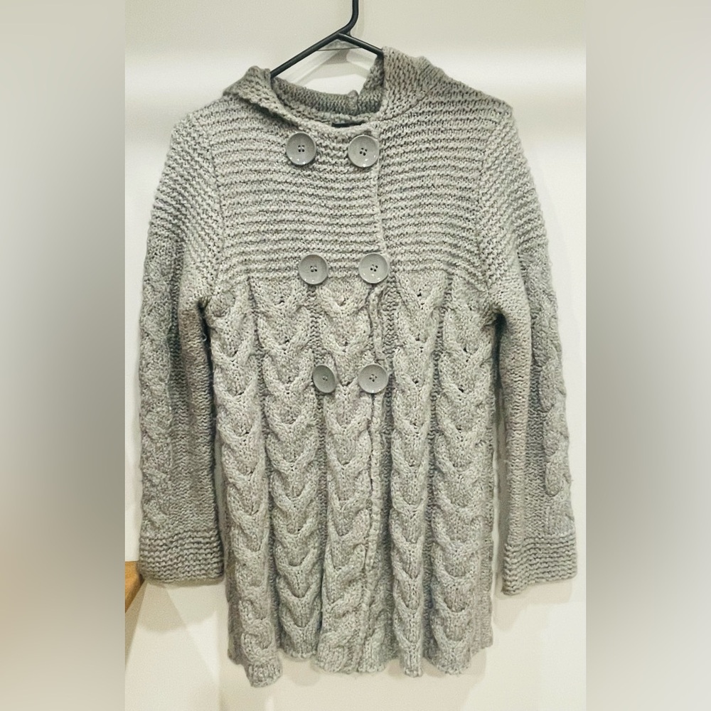 BCBG Maxazria SM Gray Hooded Cable Knit Double Breasted Button Cardigan Sweater